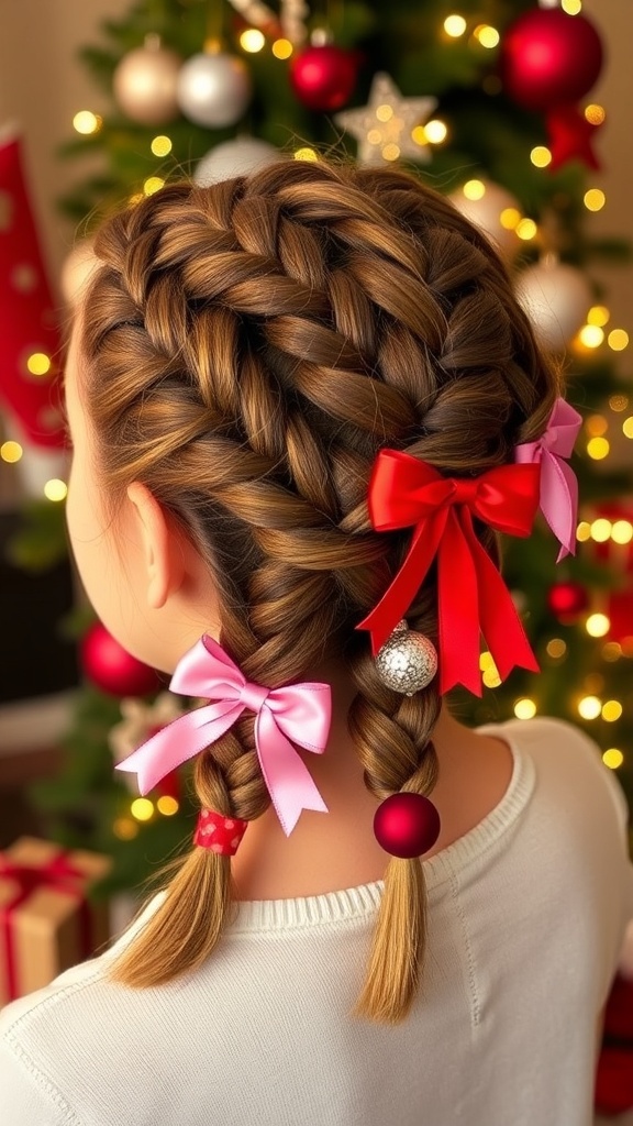 Festive Bubble Braids for Christmas Hairstyles A stylish Christmas hairstyle with bubble braids decorated with ribbons and ornaments.